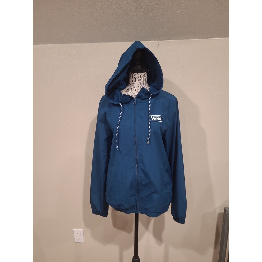 Vans Wind Breaker Hooded Jacket Dark Teal Blue Coastal Women SZ L Nautical Hike